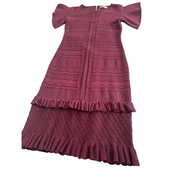 Bohme Knit Textured Burgundy Dress With Ruffle Trim & Puff Sleeves .Size L - Picture 2 of 10